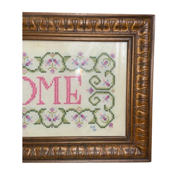VTG? 1984? Hand Made "Welcome" Cross Stitch Plastic Framed Pink Green 22.5' L - Picture 9 of 9
